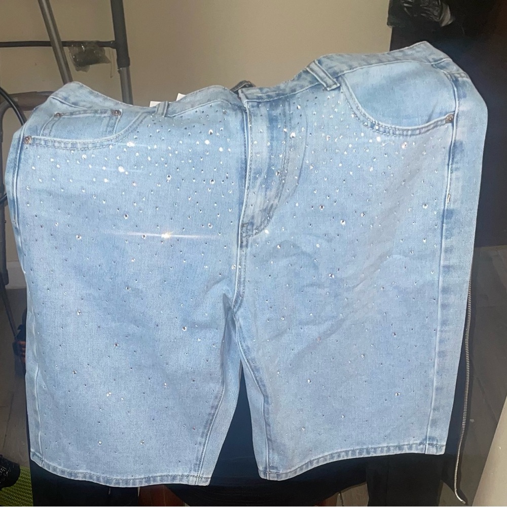 Embellished Light Blue Denim Shorts